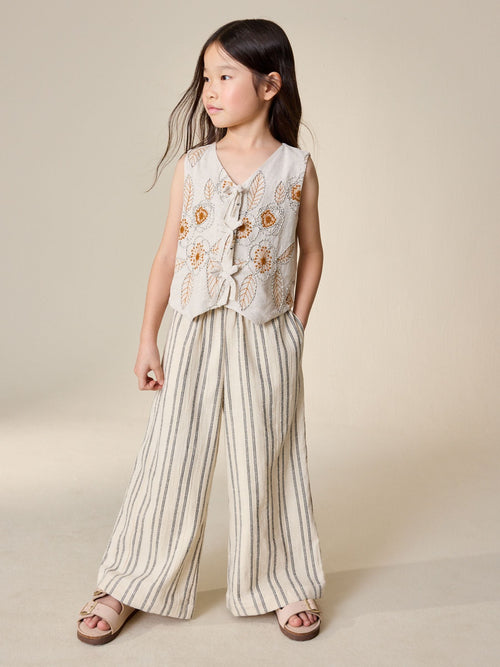 Neutral Embroidered Waistcoat and Wide Leg Trousers Set (3-16yrs)