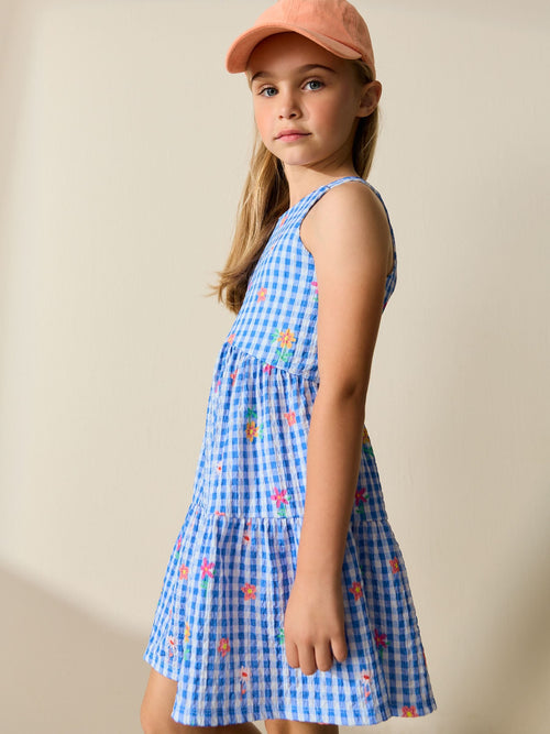 Blue Gingham Strappy Crinkle Summer Dress (3-16yrs)