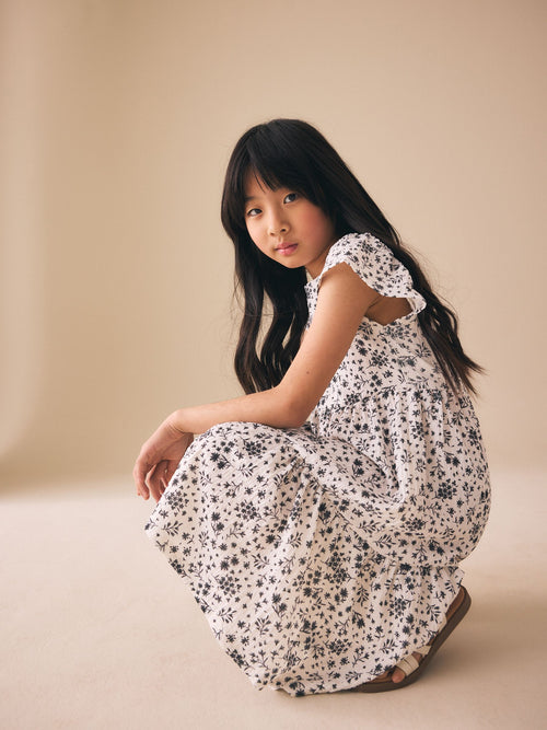 Monochrome Ditsy Angel Sleeve Crinkle Dress (3-16yrs)