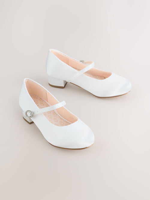 White Wide Fit (G) Stain Resistant Satin Mary Jane Flower Girl Heeled Shoes