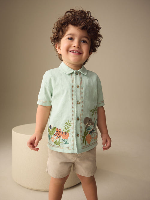 Mint Green Safari Embroidery Short Sleeve Shirt (3mths-7yrs)