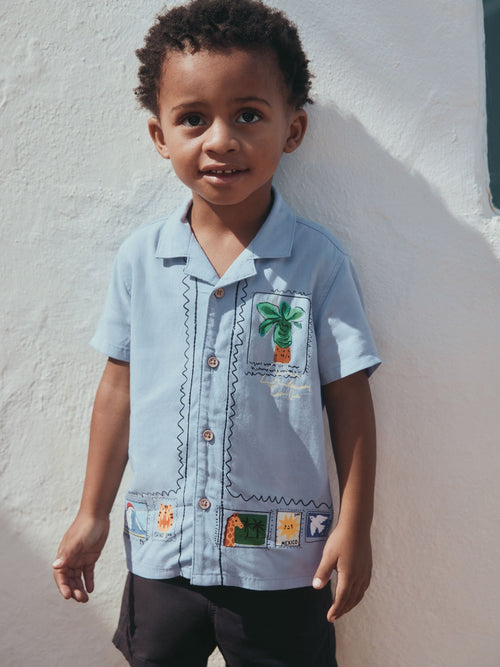 Blue Palm Print Short Sleeve Revere Collar Printed Shirt (3mths-7yrs)