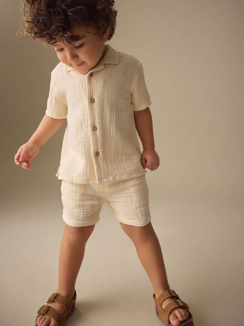 Ecru Plain Short Sleeve Double Cloth Shirt & Shorts Set (3mths-10yrs)