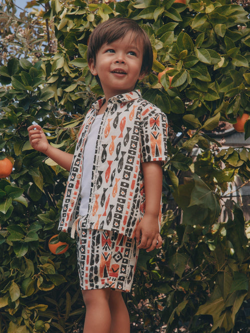 Ecru All Over Print Fish Short Sleeve AOP Shirt and Shorts Set (3mths-10yrs)