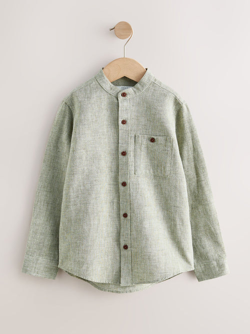 Sage Green Long Sleeve Grandad Collar Cotton/Linen Mix Texture Shirt (3-16yrs)