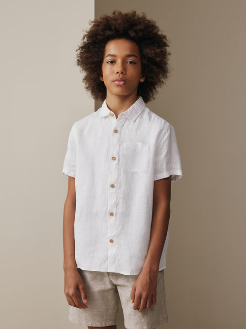 White Short Sleeve Linen Shirt (3-16yrs)