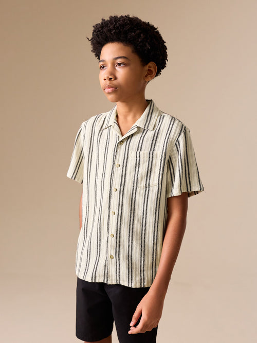 Black/Cream Short Sleeve Textured Stripe Revere Shirt (3-16yrs)