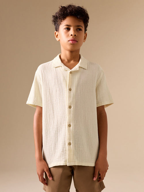 Ecru Short Sleeve Revere Collar Double Cloth Shirt (3-16yrs)