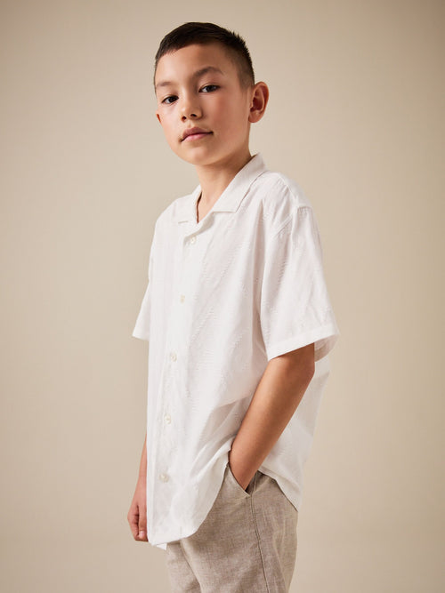 White Textured Short Sleeve Revere Collar Textured Shirt (3-16yrs)