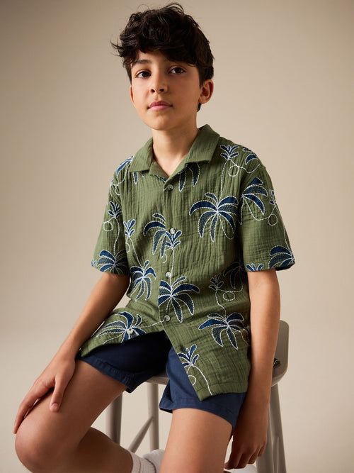 Khaki Green All Over Embroidery Short Sleeve Revere Collar Shirt (3-16yrs)