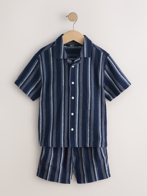 Navy/White Short Sleeve Textured Stripe Shirt and Shorts Set (3-16yrs)