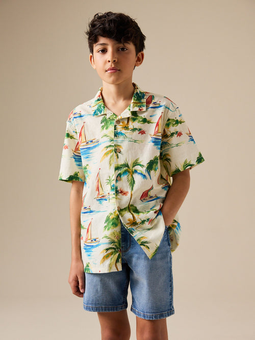 Ecru Boat All Over Print Short Sleeve Revere Collar Shirt (3-16yrs)