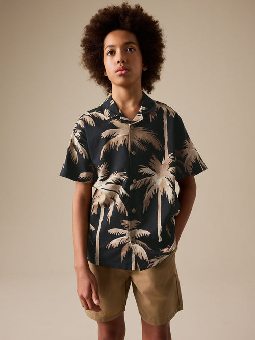 Black Palm All Over Print Short Sleeve Revere Collar Shirt (3-16yrs)
