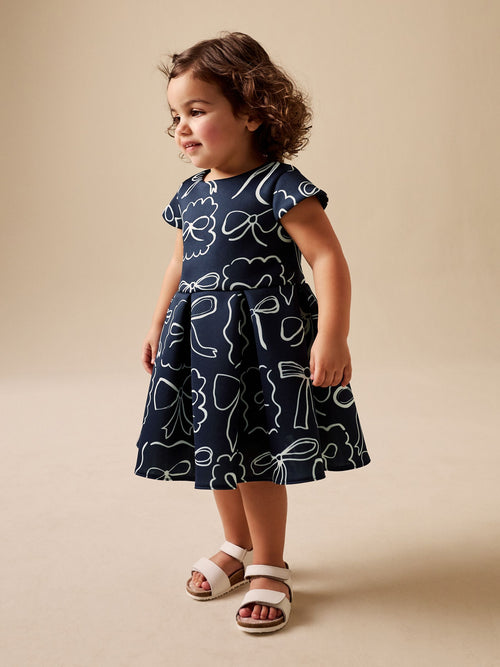 Navy Bows Scuba Occasion Dress (3mths-7yrs)