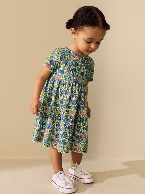 Blue Floral Short Sleeve Ribbed Dress (3mths-7yrs)