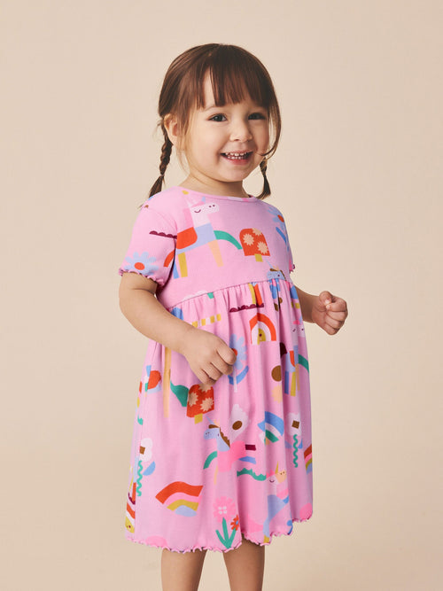 Pink Unicorn Short Sleeve Ribbed Dress (3mths-7yrs)