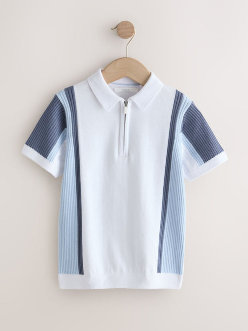 Blue/White Knitted Zip Neck Polo Shirt (3-16yrs)
