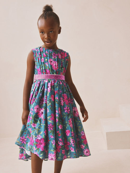 Teal Blue Floral Print Prom Dress (3-14yrs)