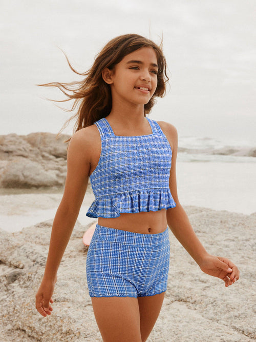 Blue Gingham Texture Crop Top And Shorts Set (3-16yrs)