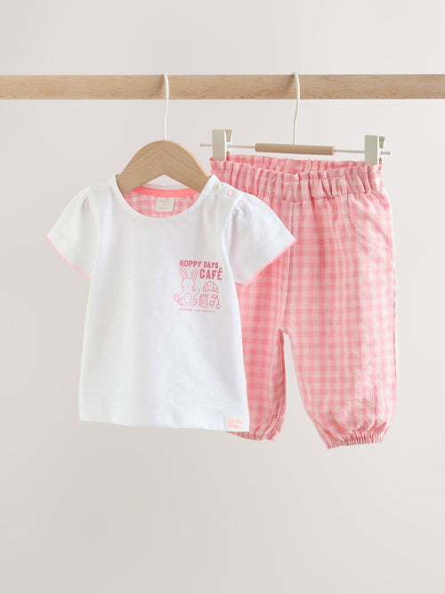 White Pink Bunny Short Sleeve Baby Tops and Wide Leg Leggings Set 2 Piece (0mths-2yrs)