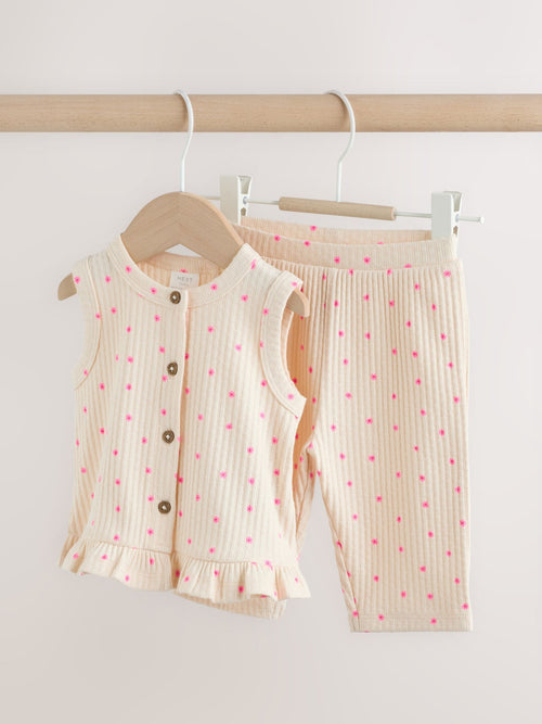Pink Flower Rib Baby Top And Wide Leg Trousers Set 2 Piece (0mths-2yrs)