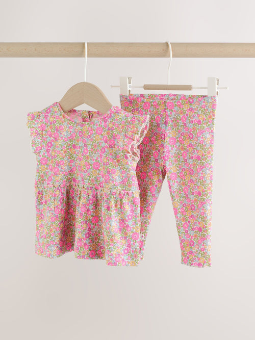 Pink Flower Rib Top and Leggings Baby Set 2 Piece (0mths-2yrs)