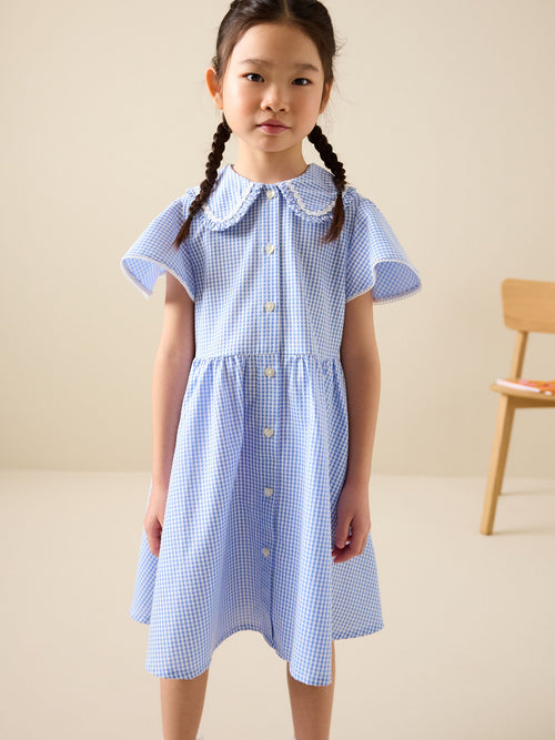 Blue Gingham Cotton Rich Angel Sleeve School Dress (3-14yrs)