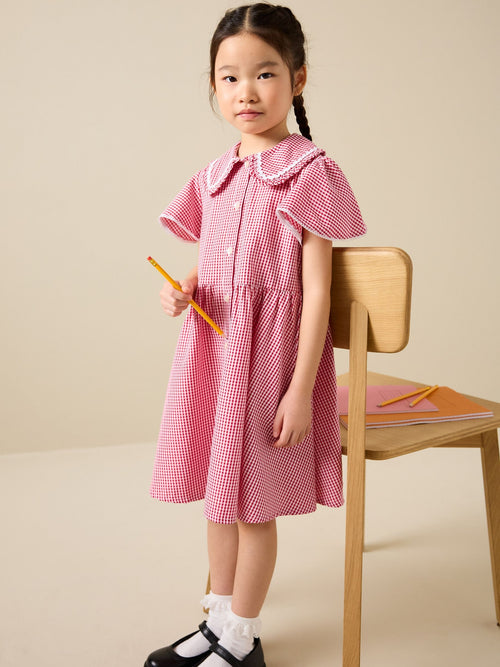 Red Gingham Cotton Rich Angel Sleeve School Dress (3-14yrs)