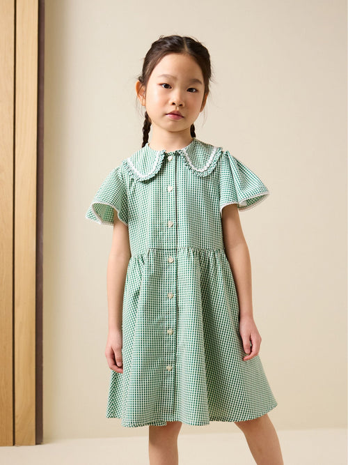 Green Gingham Cotton Rich Angel Sleeve School Dress (3-14yrs)
