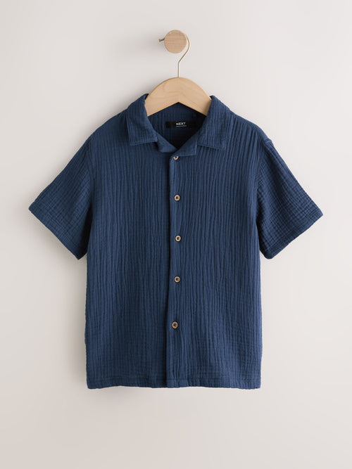 Navy Short Sleeve Revere Collar Double Cloth Shirt (3-16yrs)