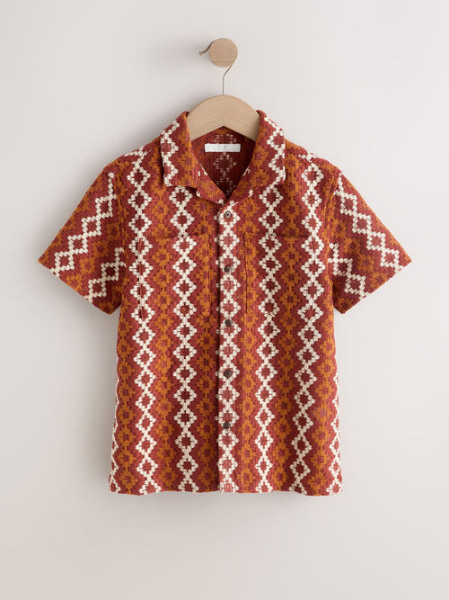 Rust Brown Short Sleeve Textured Stripe Revere Shirt (3-16yrs)