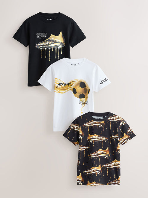 Black/Gold/White Regular Fit Graphic Print Short Sleeve T-Shirts 3 Pack (3-16yrs)
