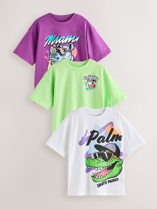 Purple/Green/White Relaxed Fit Graphic Print Short Sleeve T-Shirts 3 Pack (3-16yrs)