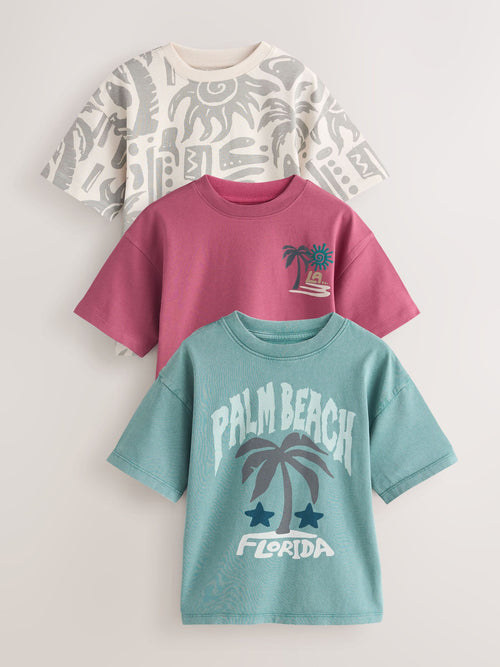 Berry/Mineral/Ecru Relaxed Fit Graphic Print Short Sleeve T-Shirts 3 Pack (3-16yrs)