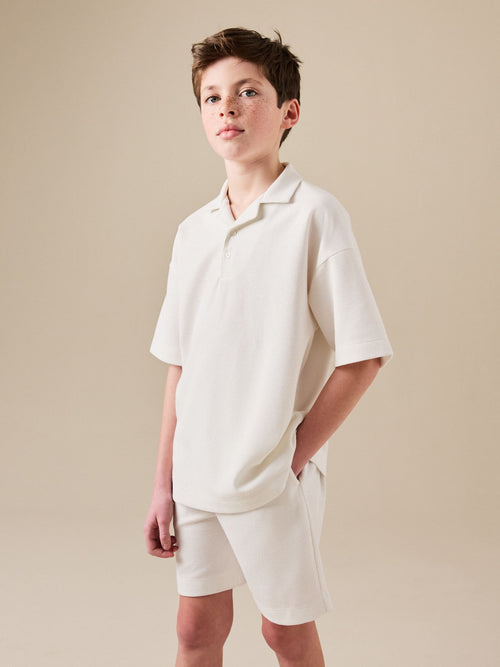 Ecru White Short Sleeve Textured Polo Shirt and Shorts Set (3-16yrs)