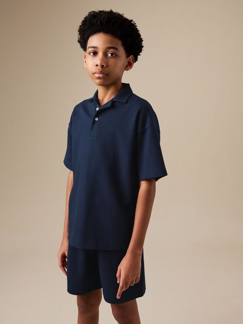 Navy Short Sleeve Textured Polo Shirt and Shorts Set (3-16yrs)