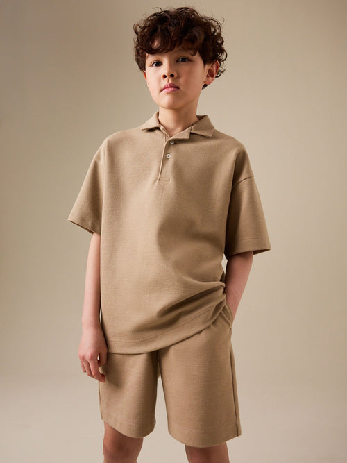 Tan Brown Short Sleeve Textured Polo Shirt and Shorts Set (3-16yrs)