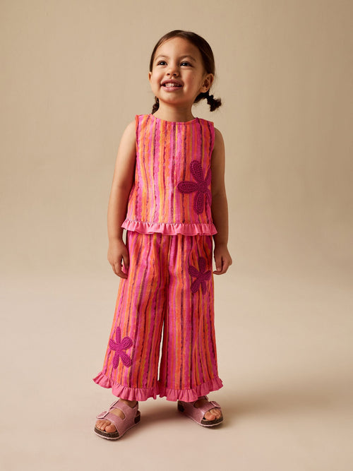 Pink/ Orange Stripe / Crochet Flowers Top & Trousers Set (3mths-7yrs)
