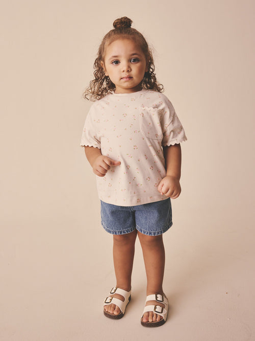 Ecru White Ditsy Floral Short Sleeve Ric Rac Trim T-Shirt (3mths-7yrs)