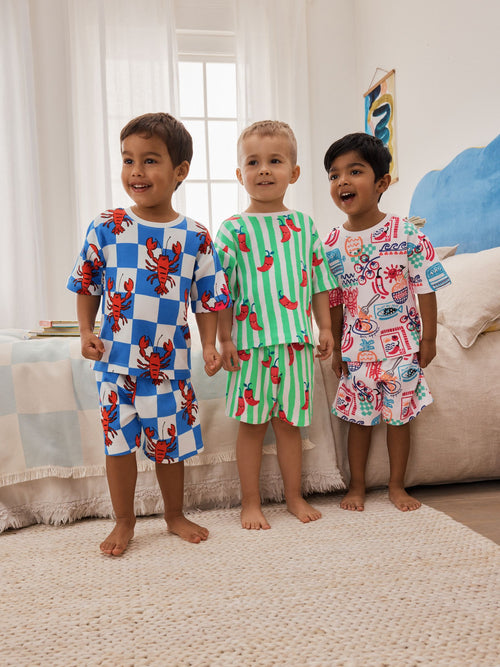 Blue/Green/Red/White Lobster & Chilii Seaside Short Pyjamas 3 Pack (9mths-10yrs)