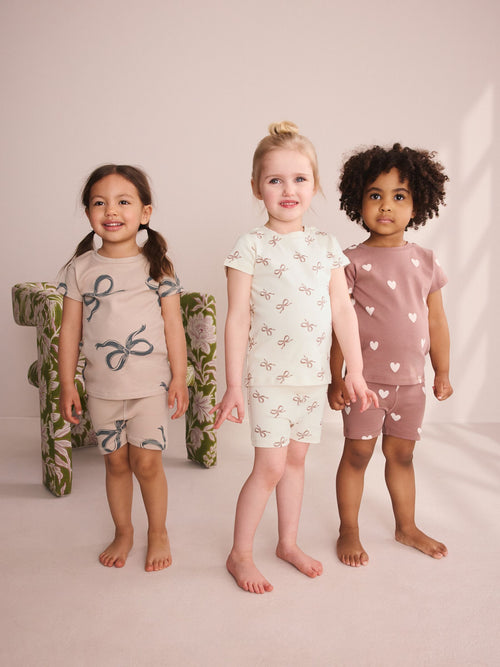 Mocha Brown Bow Print Short Pyjamas 3 Pack (9mths-12yrs)