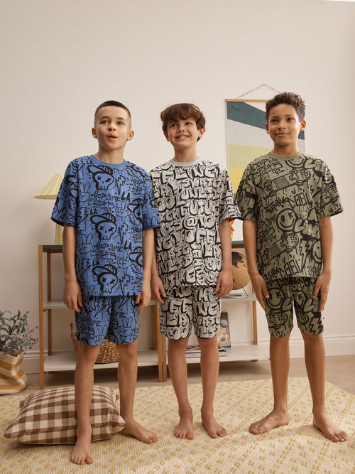 Blue/Green/Cream Grafiti Skulls Short Pyjamas 3 Pack (4-16yrs)