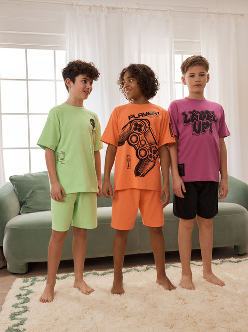 Green/Orange/Pink Gamer Short Pyjamas 3 Pack (3-16yrs)