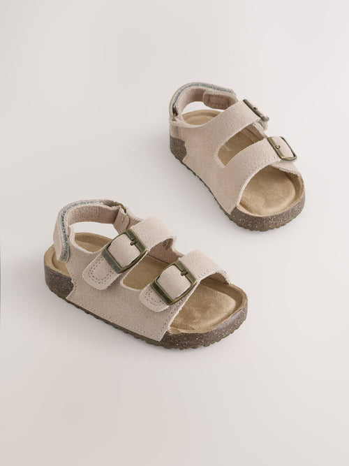 Neutral Leather Standard Fit (F) Double Buckle Cushioned Footbed Sandals