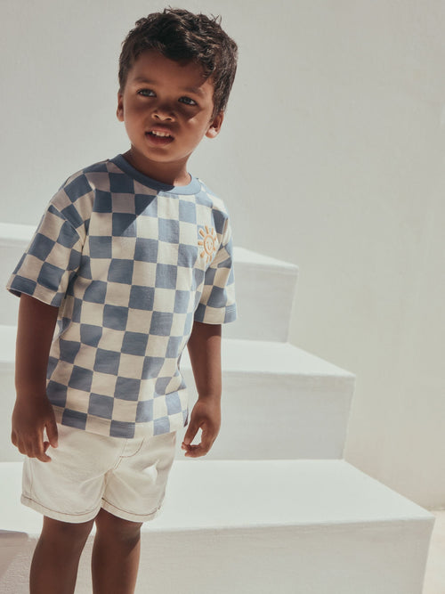 Blue/White Checkerboard Sun Short Sleeve All-Over Print T-Shirt (3 Month-7 Years) (3mths-7yrs)