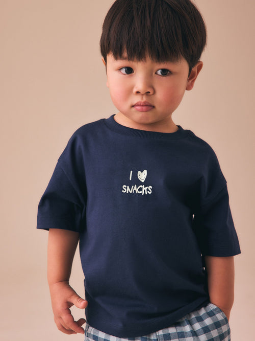 Navy Blue I love snacks Slogan Short Sleeve Small Graphic T-Shirt (3mths-7yrs)