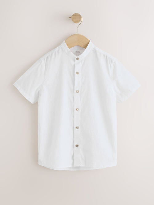 White Short Sleeve Linen Blend Grandad Collar Shirt (3-16yrs)