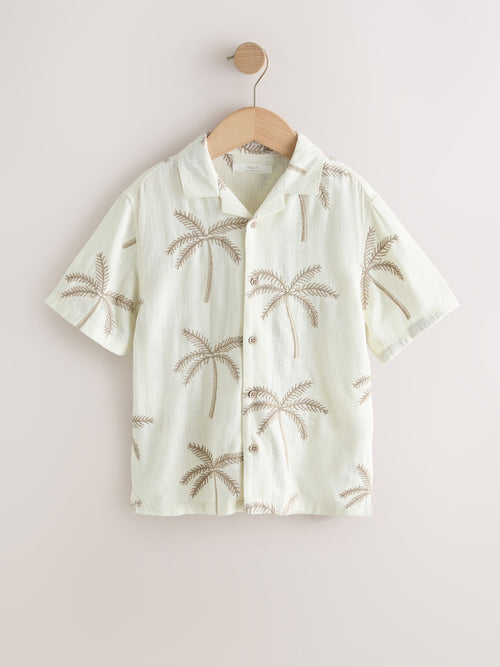 Ecru Palm Embroidery Short Sleeve Revere Collar Shirt (3-16yrs)