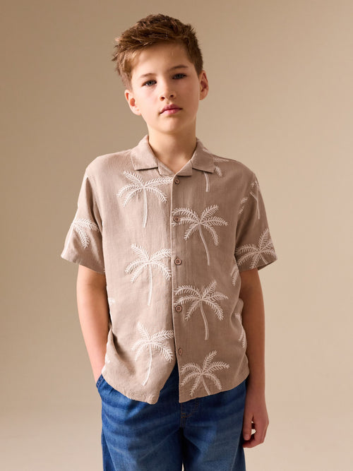 Taupe Brown Palm Embroidery Short Sleeve Revere Collar Shirt (3-16yrs)