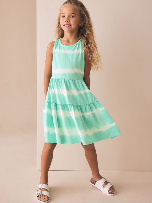 Mint Green Tie-Dye Twist Back Summer Dress (3-16yrs)